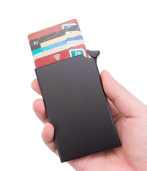 Men's RFID slim carbon fiber money clip and card holder by MANDOTOS, featuring sleek design and multiple card slots.