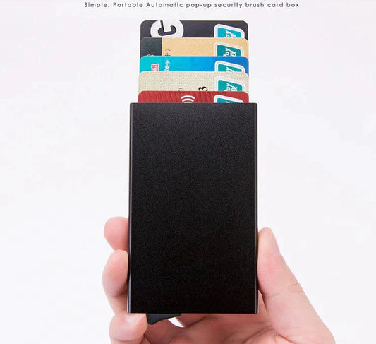 Men's RFID slim carbon fiber money clip and card holder by MANDOTOS, sleek and compact for secure cash and card storage.