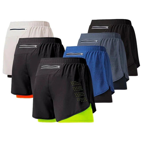 Mandotos men's black quick-drying running shorts with double layer design, suitable for fitness, workout, and bodybuilding training.