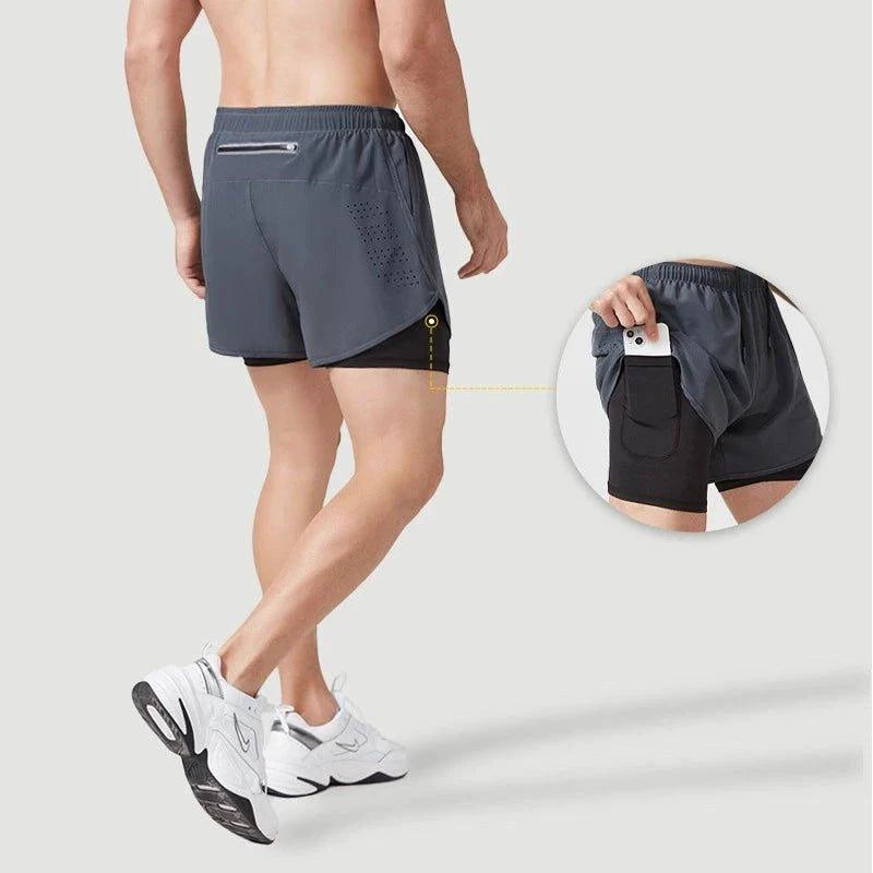 Men's black quick-drying running shorts by MANDOTOS, double-layer design, suitable for fitness, workout, and bodybuilding activities.