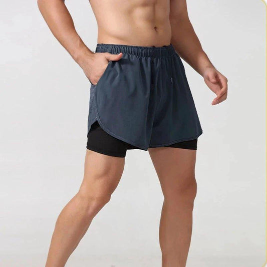 Men's black quick-drying running shorts by MANDOTOS with double-layer design, ideal for fitness, sport, and workout training.