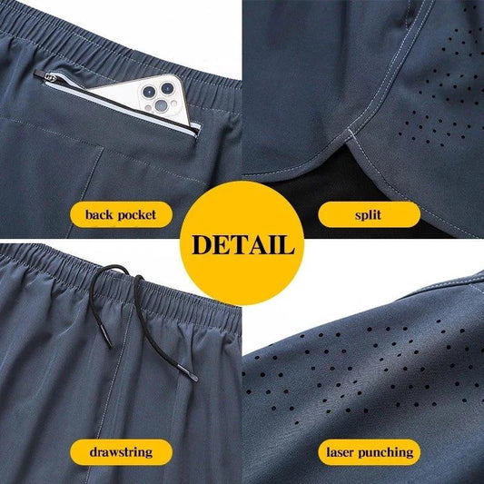 Men's black quick-drying fitness running shorts by MANDOTOS with double-layer design, ideal for sport, workout, and bodybuilding.