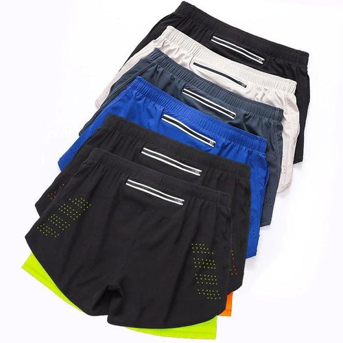 Men's black quick-drying running shorts by MANDOTOS with double-layer design, suitable for fitness, workout, and bodybuilding training.