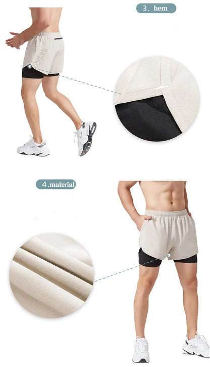 Men's black quick-drying running shorts by MANDOTOS, double-layer fitness shorts suitable for sport, workout, and bodybuilding.