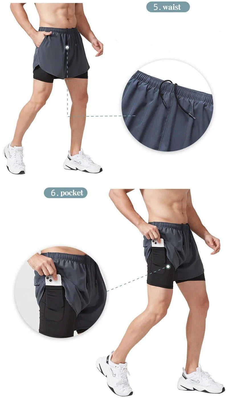 Men's black quick-drying running shorts by MANDOTOS, double-layer design ideal for fitness, workout, and bodybuilding training.