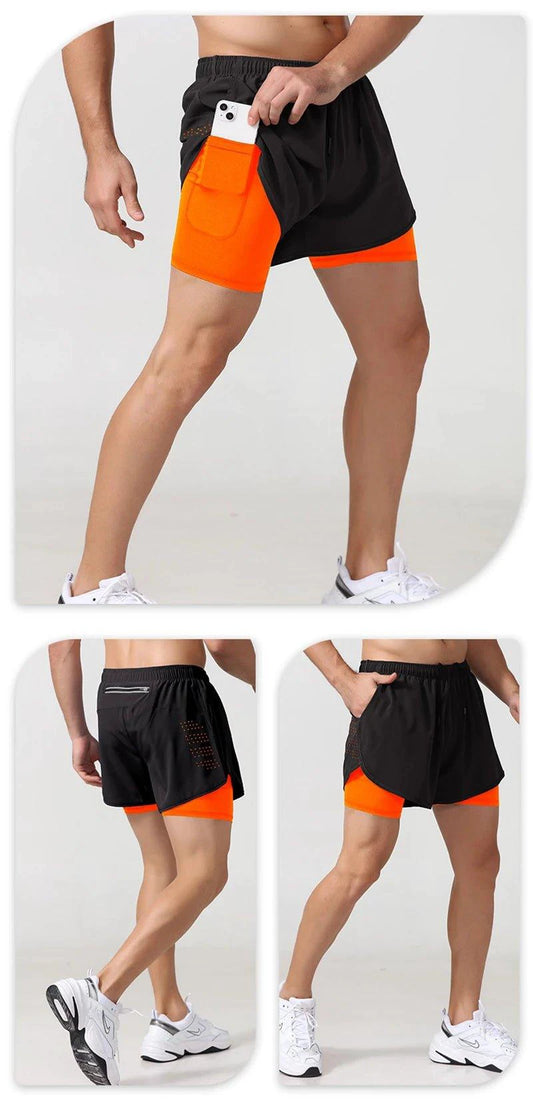 Men's black quick-drying running shorts by MANDOTOS with double-layer design, ideal for fitness, workout, and bodybuilding training.