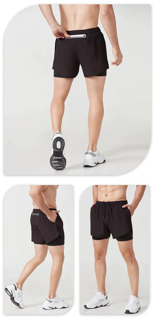 Mandotos men's black running shorts with double-layer design, quick-drying fabric, suitable for fitness, sport, and workout training.