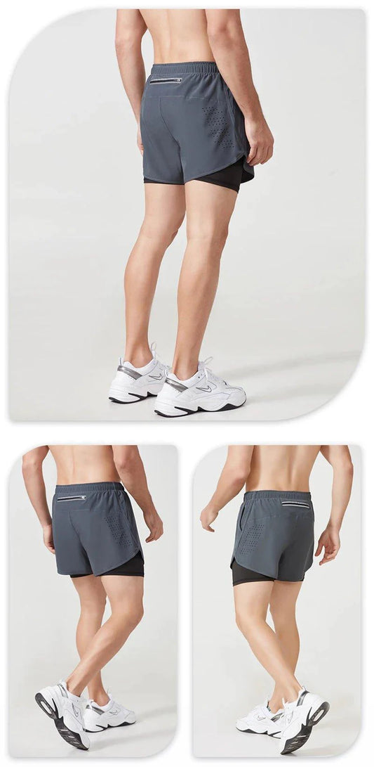 Men's black quick-drying running shorts by MANDOTOS, double-layer design, ideal for fitness, workout, and bodybuilding training.