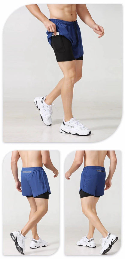 Mandotos men's black quick-drying running shorts with double-layer design, suitable for fitness, workout, and bodybuilding training.