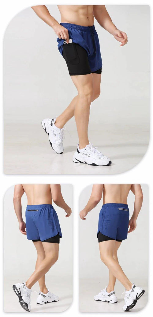 Mandotos men's black quick-drying running shorts with double-layer design, suitable for fitness, workout, and bodybuilding training.