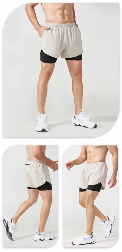 Men's black quick-drying fitness running shorts by MANDOTOS, double layer design, ideal for workout, training, and bodybuilding.