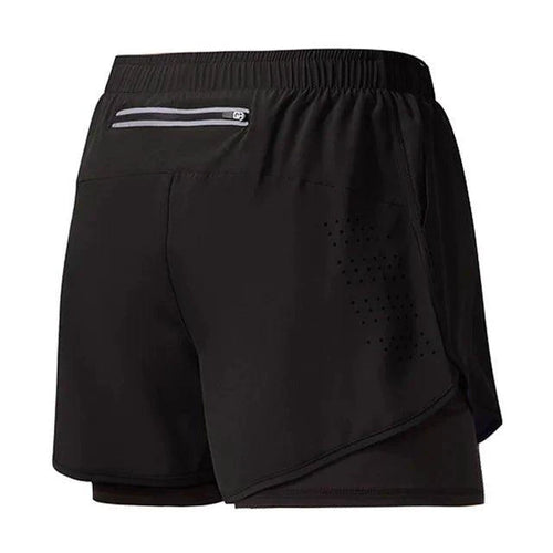 Men's black quick-drying running shorts by MANDOTOS, double-layer design, ideal for fitness, sport, workout, and bodybuilding.