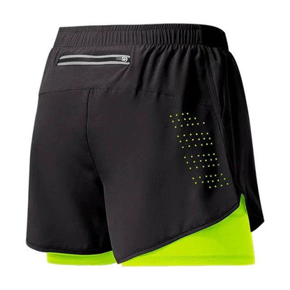 Men's black quick-drying running shorts by MANDOTOS with double-layer design, ideal for sport, workout, and bodybuilding training.
