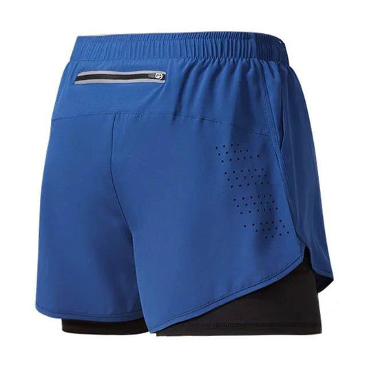Men's black quick-drying running shorts by MANDOTOS, double-layer fitness shorts for sport, workout, and bodybuilding training.