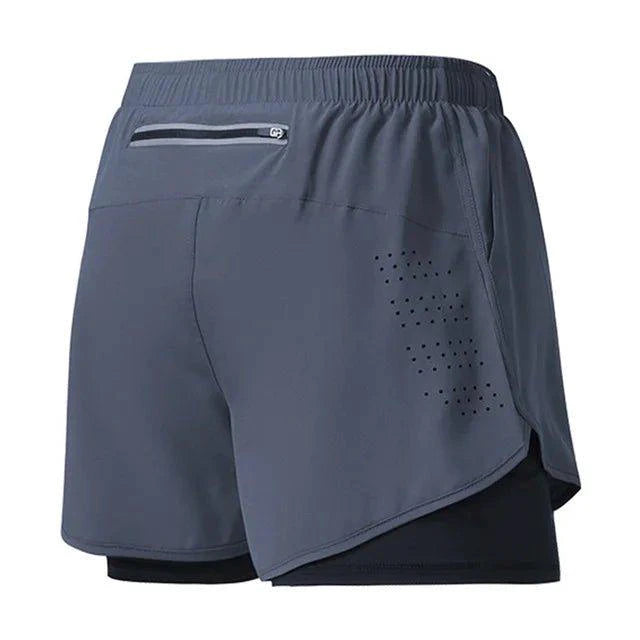 Men's black quick-drying running shorts by MANDOTOS with double-layer design, suitable for fitness, workout, and bodybuilding training.