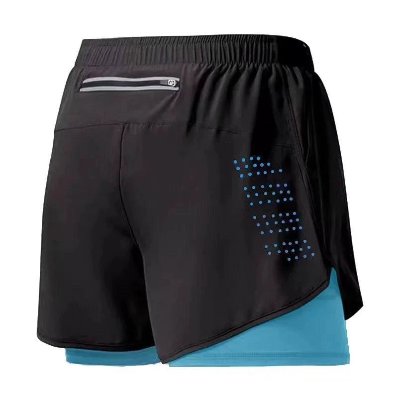 Mandotos men's black quick-drying running shorts with double-layer design, ideal for fitness, workout, and bodybuilding training.