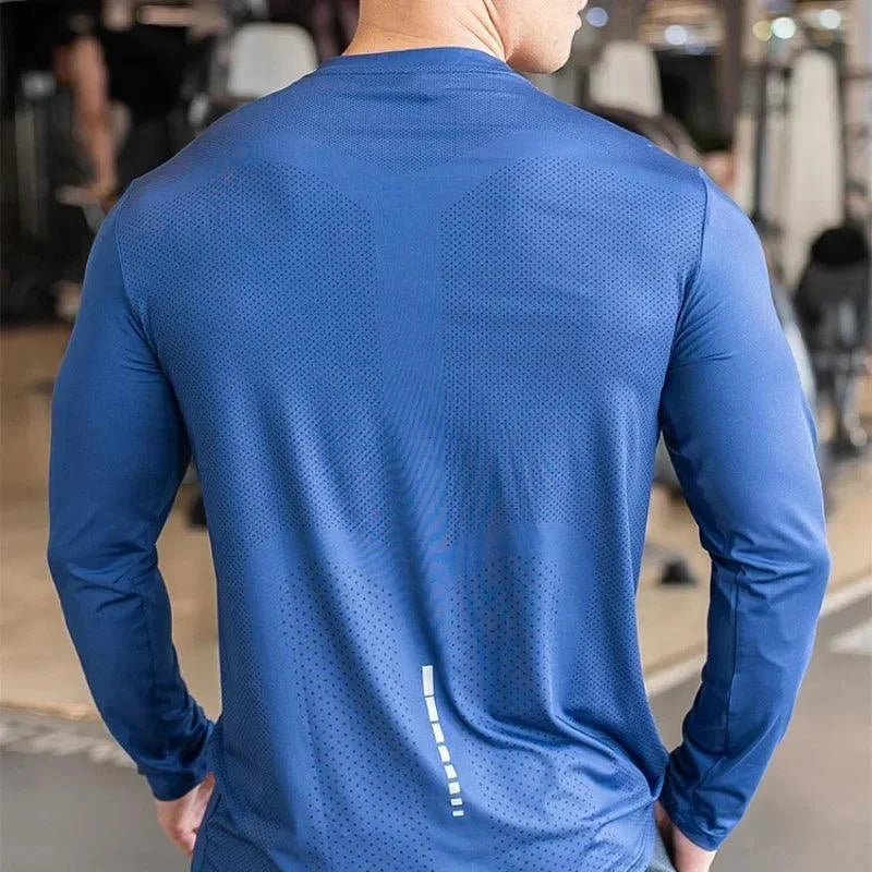 Mandotos men's long sleeve sports shirt designed for badminton, running, and fitness with quick-dry, lightweight, breathable fabric.