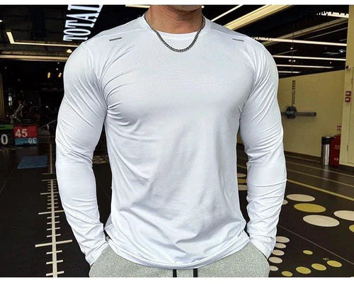 Mandotos men's long sleeve sports fitness shirt, quick-dry outdoor badminton and running top, casual and lightweight for training.