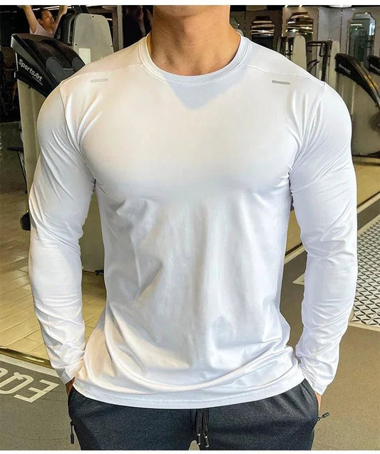 Mandotos men's long sleeve sports shirt for badminton, running, and training, featuring quick-dry, casual, lightweight design for fitness activities.