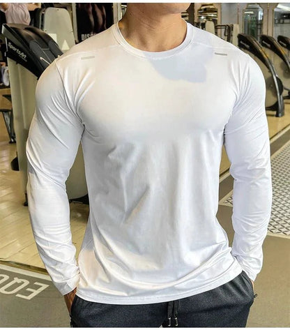 Mandotos men's long sleeve sports fitness shirt with quick-dry fabric, ideal for badminton, running, and bodybuilding activities.
