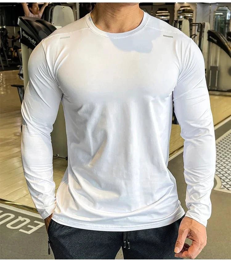 Mandotos men's long sleeve sports fitness shirt, quick-dry outdoor badminton and running top, casual and lightweight for active training.