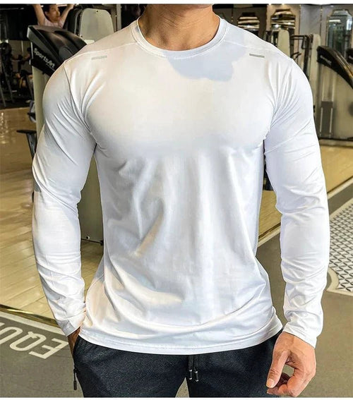 Mandotos men's long sleeve sports fitness shirt, quick-dry outdoor badminton and running top, casual and lightweight for active training.