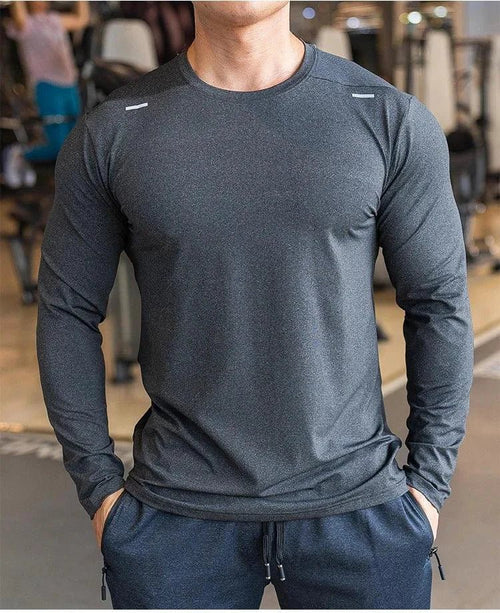 Mandotos men's long sleeve sports fitness shirt, quick-dry outdoor badminton and running top, ideal for training and casual bodybuilding.