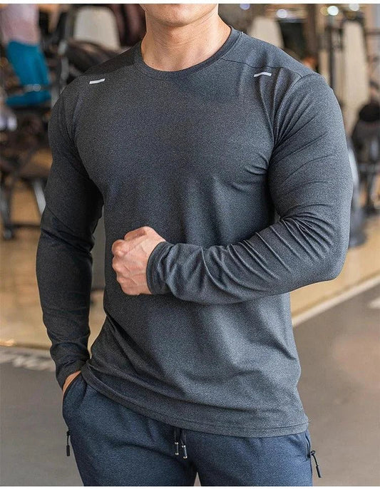 Mandotos men's long sleeve sports fitness shirt for badminton, running, and training, featuring quick-dry, breathable athletic sportswear.