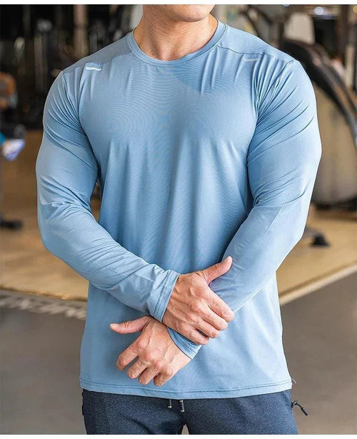 Mandotos men's long sleeve sports fitness shirt, quick-dry outdoor badminton and running top, ideal for training and casual bodybuilding.