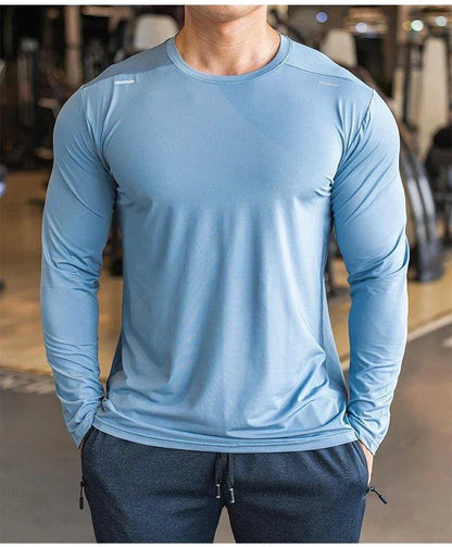 Mandotos men's long sleeve sports fitness shirt, quick-dry outdoor badminton and running top, lightweight casual bodybuilding sportswear.