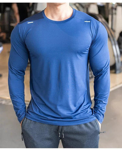 Mandotos men's long sleeve sports fitness shirt, quick-dry badminton and running top, casual and lightweight for outdoor training.