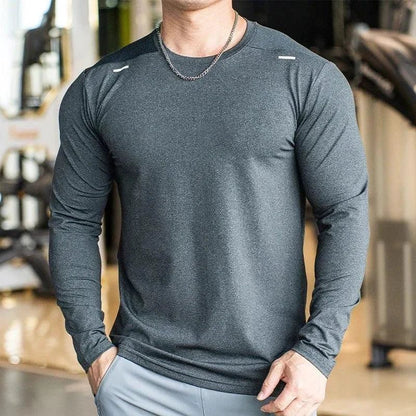 Mandotos men's long sleeve sports fitness shirt, quick-dry badminton and running top for outdoor training and bodybuilding.