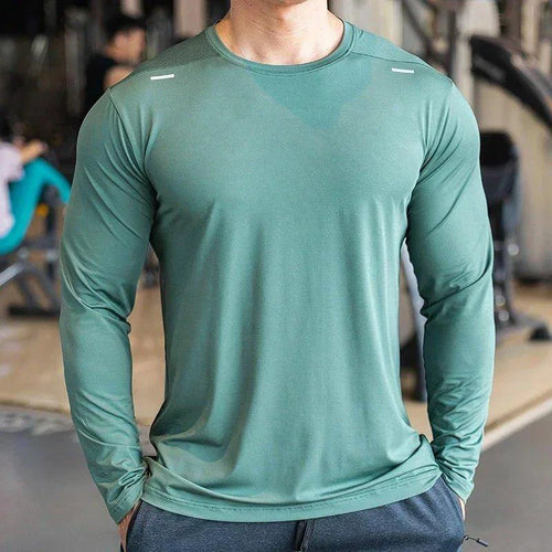 Mandotos men's long sleeve athletic shirt for badminton, running, and training, featuring quick-dry, breathable sportswear fabric.