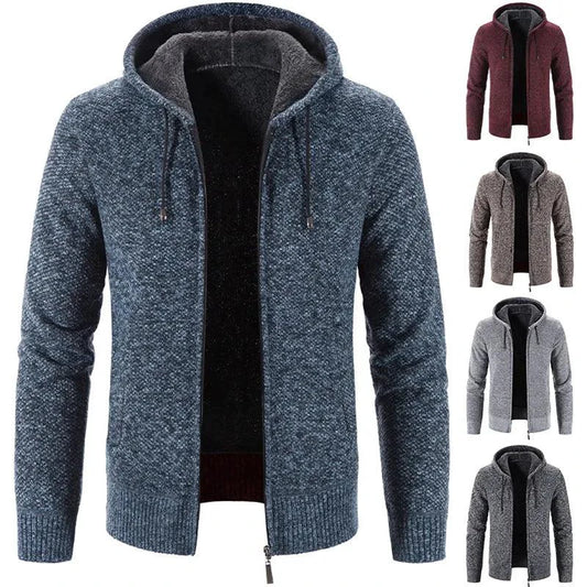 Men's stylish fleece cardigan jacket by MANDOTOS, featuring a cozy design with a front zipper and ribbed cuffs.