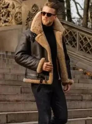 Men's stylish winter leather jacket with fur lining by MANDOTOS, featuring a sleek design and warm, durable exterior.
