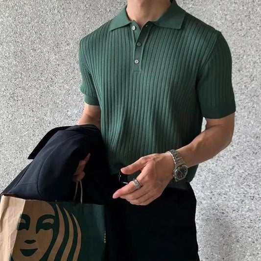 Men's textured knit lapel polo shirt by MANDOTOS, shown in close-up detail with a classic collar and stylish knit pattern.