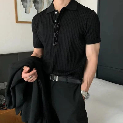 Men's textured knit lapel polo shirt by MANDOTOS, featuring a classic design with a soft knit fabric and stylish lapel collar.