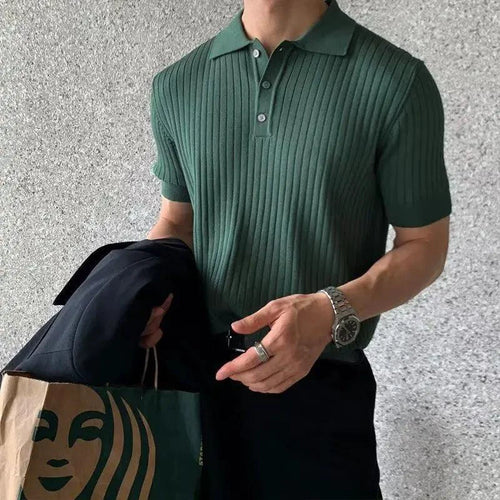 Men's textured knit lapel polo shirt by MANDOTOS, featuring a classic collar and detailed knit fabric, shown on a model.