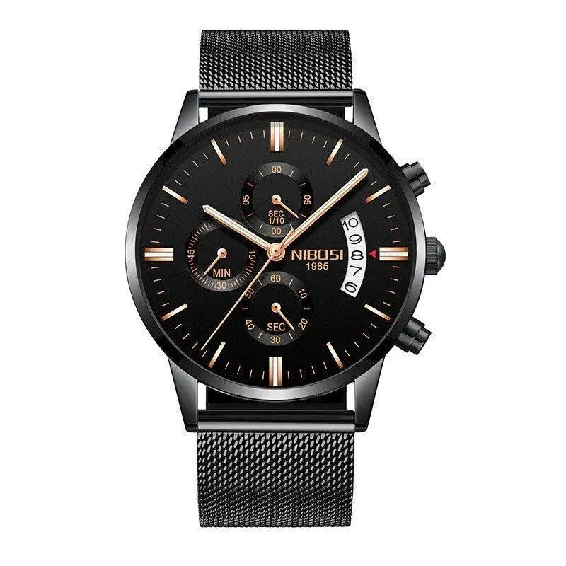 Men's stylish MANDOTOS watch with black leather strap and silver dial, showcasing a modern and elegant timepiece design.
