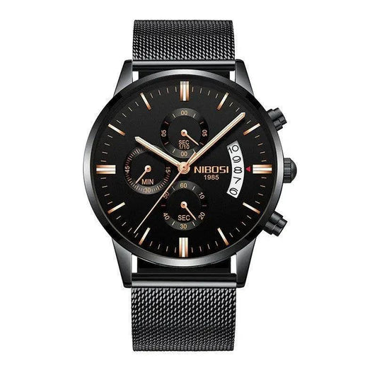 Men's stylish MANDOTOS watch with black leather strap and silver dial, showcasing a modern and elegant timepiece design.