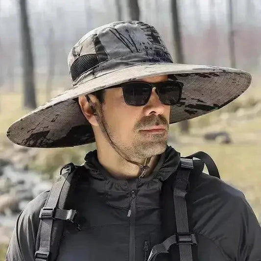 Mandotos men's wide brim sun protection hat with a breathable fabric and adjustable strap for outdoor shade and UV protection.