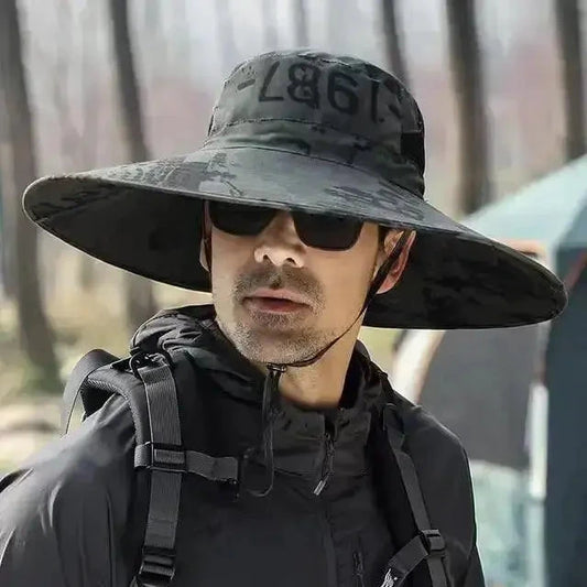 Mandotos men's wide brim sun protection hat with a breathable fabric and adjustable strap for outdoor sun shielding.