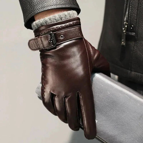 Men's winter leather gloves by MANDOTOS, showing close-up of black leather gloves designed for cold weather warmth and style.