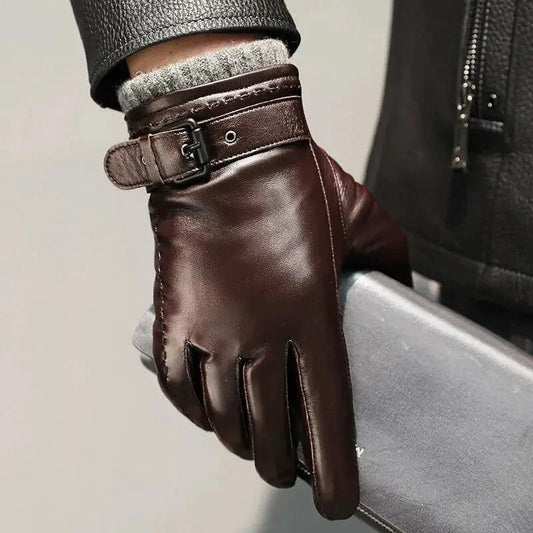 Men's winter leather gloves by MANDOTOS, showing close-up of black leather gloves designed for cold weather warmth and style.