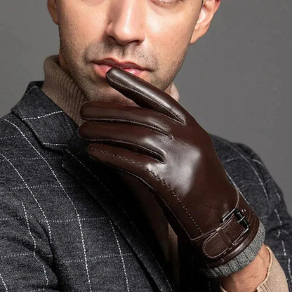 Men's winter leather gloves by MANDOTOS, featuring warm lining and classic design for cold weather protection.
