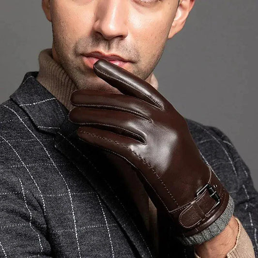 Men's winter leather gloves by MANDOTOS, featuring warm lining and classic design for cold weather protection.