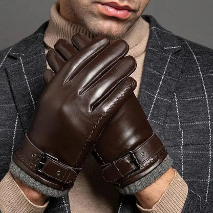Men's winter leather gloves by MANDOTOS, showing close-up of black leather gloves with fleece lining for cold weather warmth.