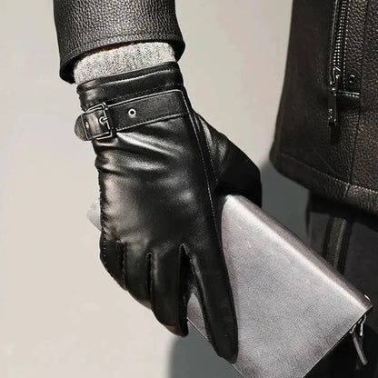 Mandotos men's winter leather gloves shown in black, featuring a snug fit and smooth leather texture for cold weather warmth.