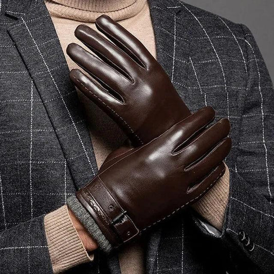 Men's winter leather gloves by MANDOTOS, showing close-up of black leather gloves with stitching details and snug fit.