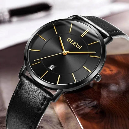 Mandotos men's watch with black leather strap and round silver dial, stylish and elegant timepiece for men